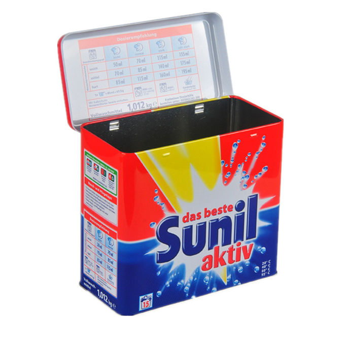 Caja del envase de la lata del metal del detergente de Sunil/tapa con Hinger, plata dentro